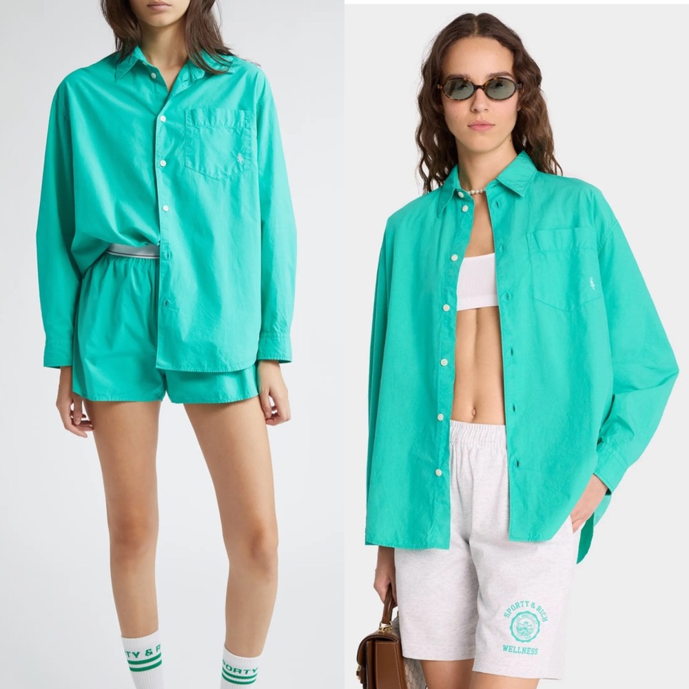 NEW Sporty & Rich Embroidered Logo Cotton Button-Up Shirt